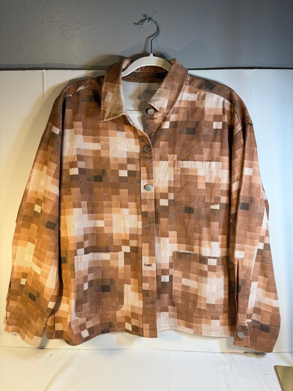 Le Lis Brown & Cream Pixel-Print Lightweight Shirt Jacket 100%Cotton